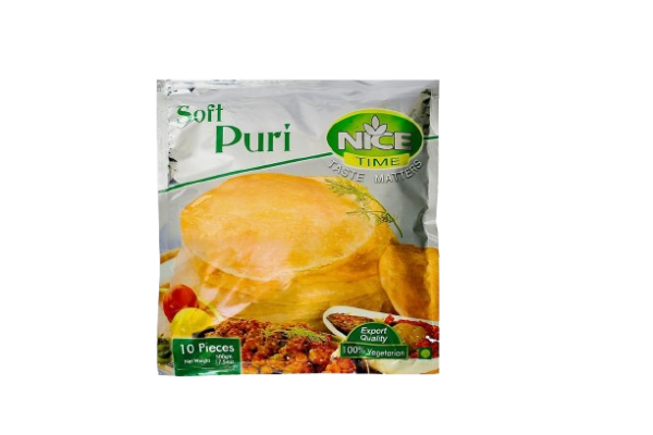 "Frozen puris from Nice Time, perfectly round and golden, ideal for quick frying and serving fresh. Ready-to-cook, hygienically packed for a delicious traditional meal.